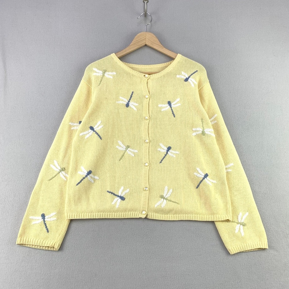 VTG Christopher & Banks Dragonfly Cardigan Women L Yellow Knit Embroidered